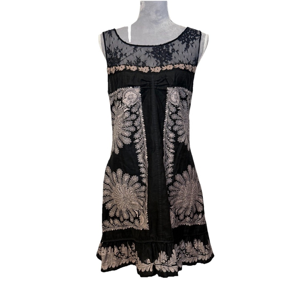 FREE People Linen Blend Black Taupe Embroidered Peacock Mini Boho Dress Sz 12 - Picture 2 of 10